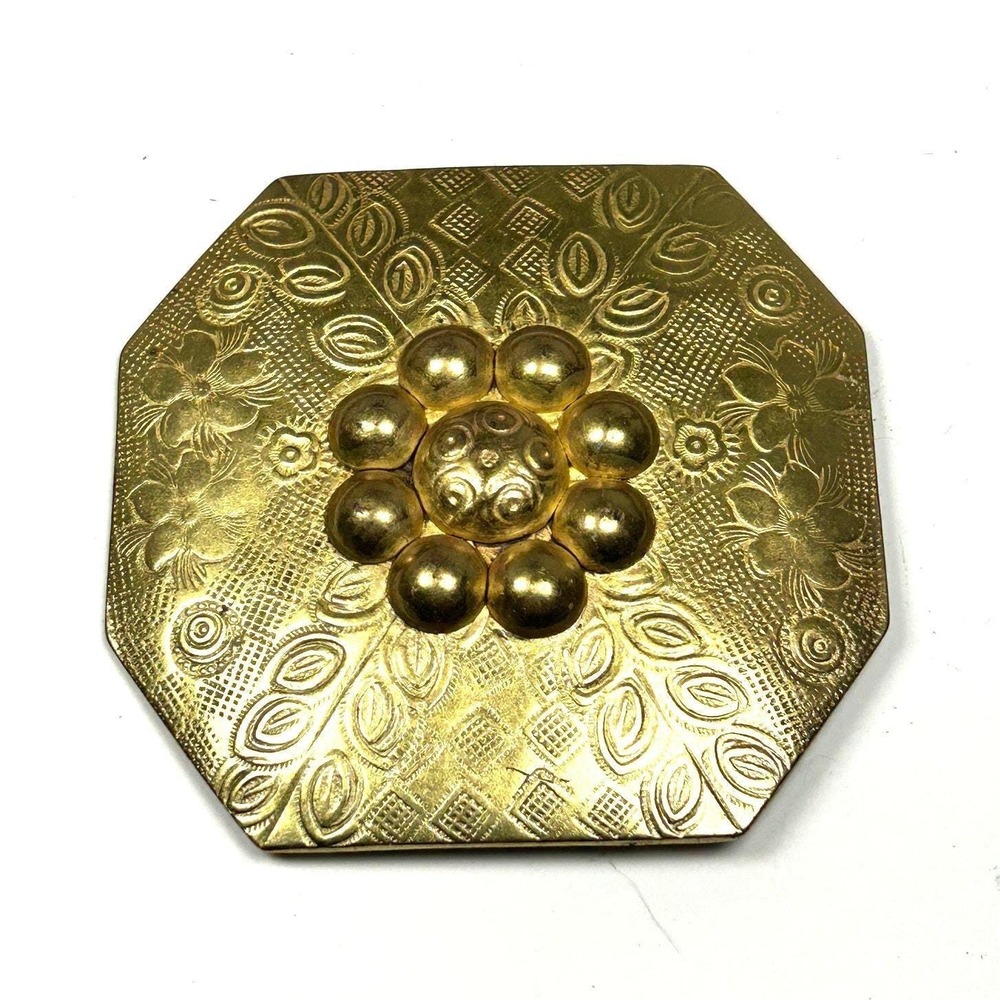 Vintage Embossed Brass Floral‎ Belt Buckle 1960s Boho India Metal Octagon